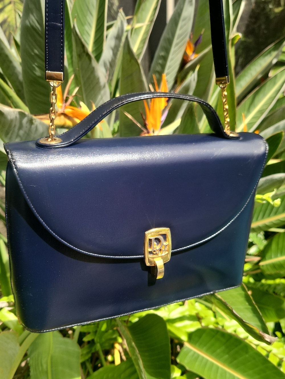 Dior Navy Blue Stunning Leather Top-Handle Vintage Bag with Gold Hardware